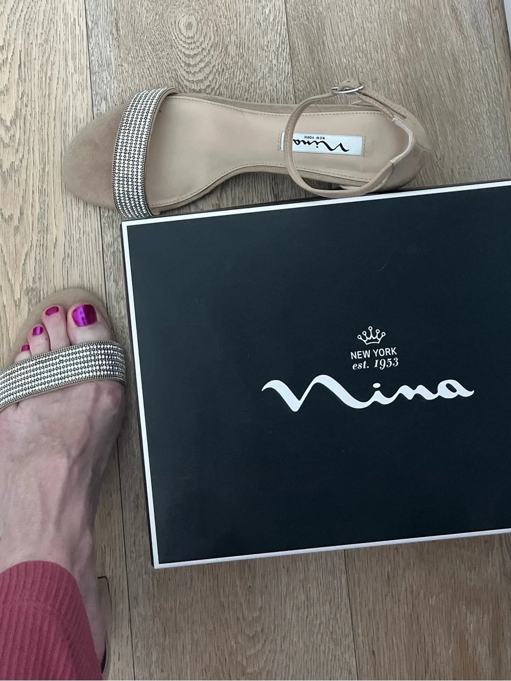 Nina Nude Rhinestone Strap Block Heel Sandals
